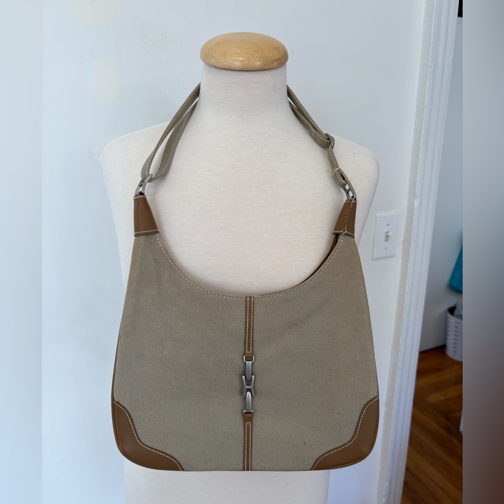 Neutral Canvas Hobo Shoulder Bag Tan Faux Leather Trim